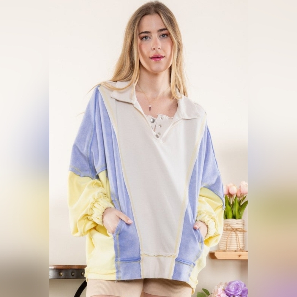 NWT Blue Velvet Oversized Color Block Long Sleeve Collar Neck Sweatshirt Sz M/L